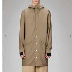 Rains Sz M Unisex Long Rain Jacket Tan Hood Pockets Minimalist Breathable Chic